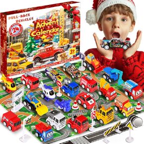 Advent Calendar 2024 Kids: 24 Days Christmas Countdown Pull-Back Car Toys - City Construction Vehicle Traffic Sign Set with Playmat - Xmas Holiday Party Favor Gift for Boys Girls Children