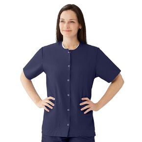 Medline AngelStat Women's Snap-Front Jewel-Neckline Scrub Top, 2 Pockets, Navy, Size X-Large