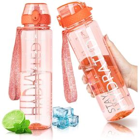 GOPPUS 32 Oz Water Bottle With Straw, Tritan Bpa-free,Wide Mouth Leakproof, Motivational Sports Large Transparent Water Bottles with Time Marker for Gym and Travel,Rose