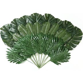 Cindeer 24 Pcs Artificial Palm Leaves 3 Kinds Large Faux Monstera Leaf Greenery Stems Safari Jungle Leaves for Hawaiian Party Table Leave Wedding Decorations
