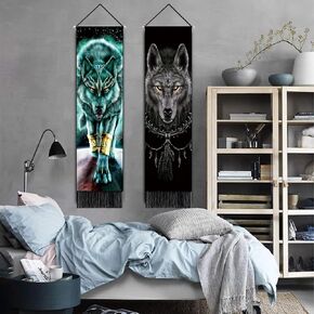 Umootek 2Pcs Wolf Long Tapestry Wall Hanging for Men Boys Bedroom Poster Hanger Wooden Frame for Living Room Wall Decor Aesthetic Art Patterned Cool Trippy Hanging Picture Green & Black(12.8x51 in)