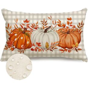 RABUSOFA Fall Outdoor Pillows 12x20 Inch Outdoor Waterproof Autumn Decorations for Home Gray Buffalo Check Polka Dot Pumpkin Thanksgiving Decor Decorative Throw Pillowcases for Couch Burnt Orange