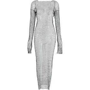 Fstrend Rhinestone Mesh Dress Sparkly Crystal Fishnet Skirt l Summer Beach Rave Festival Outfit for Women