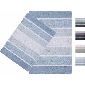 Ramanta Home Quilted Stripe 100% Cotton Bath Rug Set of 2 - Light Grey, Anti Skid Super Soft Absorbent Bath Mats for Bathroom, Shower, Kitchen, Entryway, Machine Washable - 21x32 & 17x24 Inch