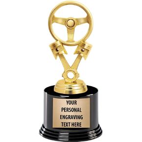 Crown Awards Steering Wheel Trophies with Custom Engraving, 7.25" Personalized Driving Trophy On Deluxe Round Base Prime