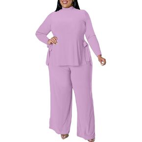 Wide Leg Plus Size 2 Piece Outfits for Women Sweatsuit Sexy Long Sleeve Split Shirt Pant Set Casual Tracksuits
