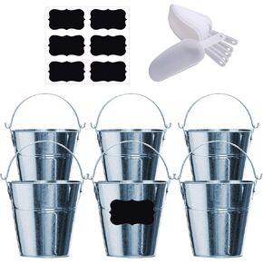 Galvanized Metal Buckets with Chalkboard Stickers and 5.5" Mini Plastic Kitchen Scoops - Set of 6