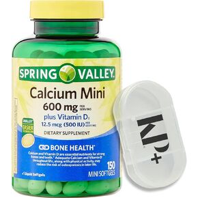 Spring Valley Calcium 600 mg with Vitamin D3, Small Calcium Pills, Calcium Softgels, 150 Mini Softgels, Calcium Carbonate 600 mg, Calcium Supplement 600 mg Bundle with Pill case