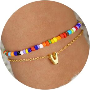 Turandoss Colorful Beaded Bubble Initial Bracelets for Girls Women - Dainty 18K Gold Plated Letter Initial A-Z Bracelet Layered Bracelets for Women Teen Girl Gifts Jewelry