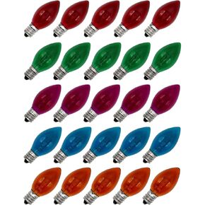 Creative Hobbies Box of 25 Light Bulbs - C7 Steady Burning - Transparent Multicolor - 7 Watt, Extended Life, Nickel Plated Candelabra Base - Great for Christmas Lights, Decorative Lights