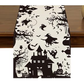 Spooky Haunted House Tree Ghost Witch Halloween Table Runner 13x72 Inch Black White Silhouette Kitchen Dining Table Decor for Indoor Outdoor Home Party Decoration ZQ56