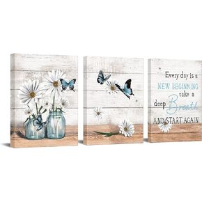 OuElegent 3 Piece Rustic Canvas Wall Art Daisy in Jar with Blue Butterfly Painting Pictures Motivational Inspiring Prints Artwork for Office Living Room Bedroom Bathroom Decor Framed Ready to Hang