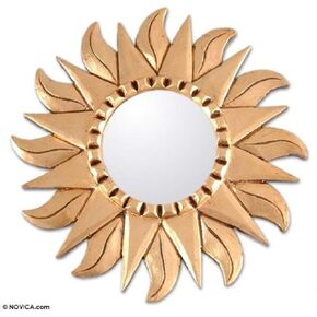NOVICA Mohena Wood and Bronze Leaf Wall Mounted Sun Star Mirror, Sunflower', Gold Tone, Medium