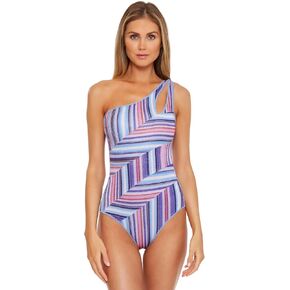 BECCA Womens Metallic One Shoulder One-Piece Swimsuit Purple L
