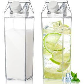 2 Pack 17oz Milk Carton Water Bottle, Reusable Square Plastic Milk Bottles, Portable Clear Milk Carton Container, Leakproof Coffee Juice Tea Jug for Outdoor Sports Travel Camping