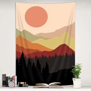 Boho Mountain Tapestry Sun Mid Century Abstract Sunset Landscape Forest Tapestry Wall Hanging Sunrise Nature Scenery Minimalist Aesthetic Geometric Wall Tapestries for Bedroom Dorm Living Room 40x60
