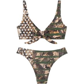 LedBack Cool American Flag Print Women's Sexy Bikini Thong Bandage Swimsuit Tie Knot Front Swimwear Set 2Pcs