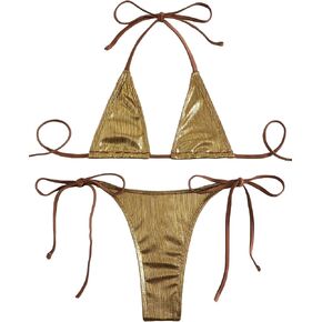 GORGLITTER Women's 2 Piece Metallic Swimsuit Triangle High Cut Tie Side Bikini Set Bathing Suit in Kuwait