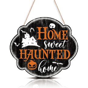 FWIEXA Halloween Decorations Funny Home Sweet Haunted Home Wood Sign Plaque (12.1"x 10.8"), Happy Halloween Decoration Art Sign, Halloween Themed Wooden Hanging Sign for Front Door Theme Party Gift