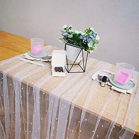 Luchuan Tulle Chiffon Table Runner White Pearl Wedding Decorations , Romantic Wedding Runner Sheer Bridal Party Decorations (white, 64X130in) in Saudi Arabia