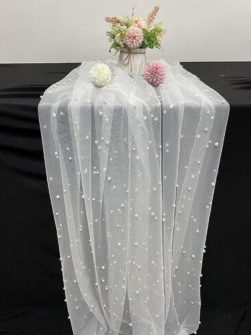 Luchuan Tulle Chiffon Table Runner White Pearl Wedding Decorations , Romantic Wedding Runner Sheer Bridal Party Decorations (white, 64X130in) in Saudi Arabia