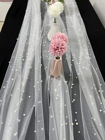 Luchuan Tulle Chiffon Table Runner White Pearl Wedding Decorations , Romantic Wedding Runner Sheer Bridal Party Decorations (white, 64X130in) in Saudi Arabia
