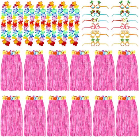 36 Packs Hawaiian Luau Hula Grass Skirt with Sunglasses Leis Necklace Pink Hawaiian Outfits for Women Luau Party Outfits Hula Skirt Costume Set for Luau Birthday Party Favors Adults Groups Carnival in Saudi Arabia
