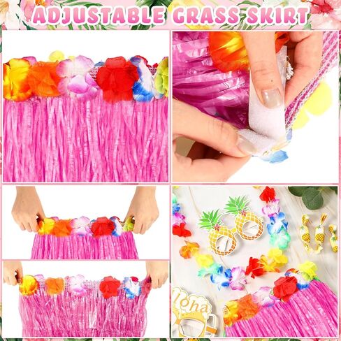 36 Packs Hawaiian Luau Hula Grass Skirt with Sunglasses Leis Necklace Pink Hawaiian Outfits for Women Luau Party Outfits Hula Skirt Costume Set for Luau Birthday Party Favors Adults Groups Carnival in Saudi Arabia