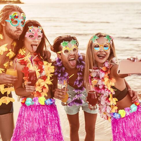 36 Packs Hawaiian Luau Hula Grass Skirt with Sunglasses Leis Necklace Pink Hawaiian Outfits for Women Luau Party Outfits Hula Skirt Costume Set for Luau Birthday Party Favors Adults Groups Carnival in Saudi Arabia