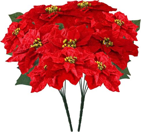 Poinsettias Artificial Christmas Flowers Bouquet 2 Pack Large Red Velvet Poinsettia Flowers for Indoor Outdoor Xmas Tree Ornament Porch Home Garden Decorations (Flower Head-9.8inch) in Saudi Arabia