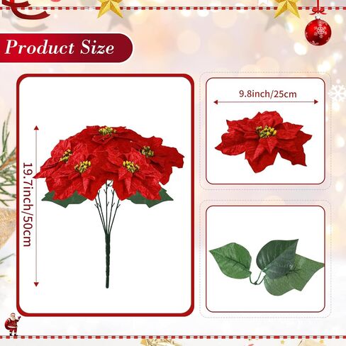 Poinsettias Artificial Christmas Flowers Bouquet 2 Pack Large Red Velvet Poinsettia Flowers for Indoor Outdoor Xmas Tree Ornament Porch Home Garden Decorations (Flower Head-9.8inch) in Saudi Arabia