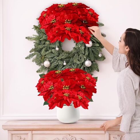 Poinsettias Artificial Christmas Flowers Bouquet 2 Pack Large Red Velvet Poinsettia Flowers for Indoor Outdoor Xmas Tree Ornament Porch Home Garden Decorations (Flower Head-9.8inch) in Saudi Arabia