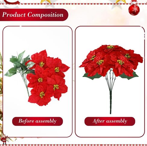 Poinsettias Artificial Christmas Flowers Bouquet 2 Pack Large Red Velvet Poinsettia Flowers for Indoor Outdoor Xmas Tree Ornament Porch Home Garden Decorations (Flower Head-9.8inch) in Saudi Arabia