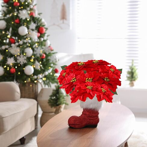 Poinsettias Artificial Christmas Flowers Bouquet 2 Pack Large Red Velvet Poinsettia Flowers for Indoor Outdoor Xmas Tree Ornament Porch Home Garden Decorations (Flower Head-9.8inch) in Saudi Arabia