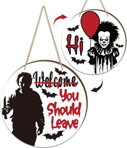ديكور رعب لديكور حفلات الهالوين، شماعة باب قابلة للعكس على الوجهين، مرحبًا بك، يجب عليك ترك علامة وعلامة مرحبا، ديكورات أبواب خشبية أمامية لمستلزمات حفلات الهالوين الرعب in Kuwait