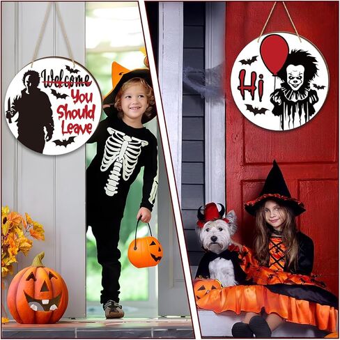 ديكور رعب لديكور حفلات الهالوين، شماعة باب قابلة للعكس على الوجهين، مرحبًا بك، يجب عليك ترك علامة وعلامة مرحبا، ديكورات أبواب خشبية أمامية لمستلزمات حفلات الهالوين الرعب in Kuwait
