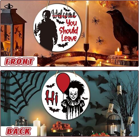 ديكور رعب لديكور حفلات الهالوين، شماعة باب قابلة للعكس على الوجهين، مرحبًا بك، يجب عليك ترك علامة وعلامة مرحبا، ديكورات أبواب خشبية أمامية لمستلزمات حفلات الهالوين الرعب in Kuwait