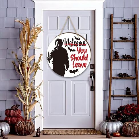 ديكور رعب لديكور حفلات الهالوين، شماعة باب قابلة للعكس على الوجهين، مرحبًا بك، يجب عليك ترك علامة وعلامة مرحبا، ديكورات أبواب خشبية أمامية لمستلزمات حفلات الهالوين الرعب in Kuwait