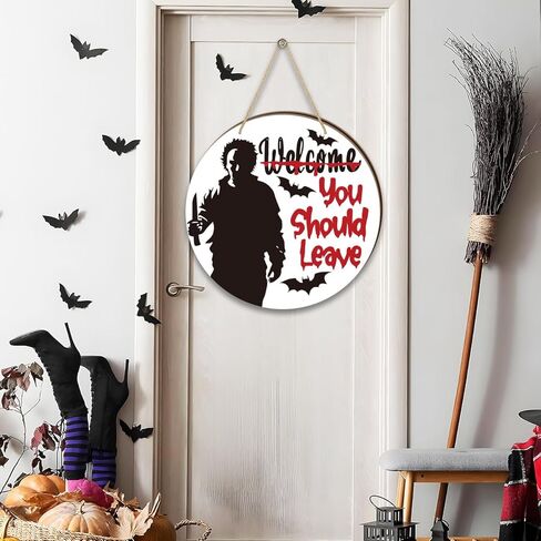 ديكور رعب لديكور حفلات الهالوين، شماعة باب قابلة للعكس على الوجهين، مرحبًا بك، يجب عليك ترك علامة وعلامة مرحبا، ديكورات أبواب خشبية أمامية لمستلزمات حفلات الهالوين الرعب in Kuwait