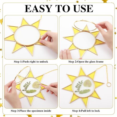 إطار زجاجي مزدوج على شكل شمس من Qunclay 4 قطع للزهور المضغوطة مقاس 8 × 8 بوصة إطارات صور نحاسية معلقة إطار صور زجاجي عائم مع سلسلة لمعرض الحائط DIY ديكور عرض عمل فني عتيق in Saudi Arabia