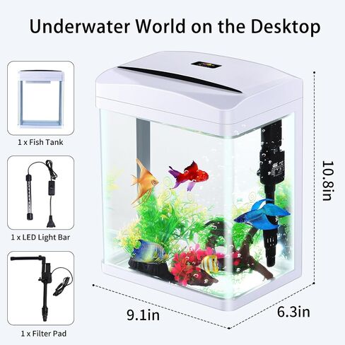 2 Gallon Aquarium Starter Kit Small Glass Betta Fish Tank Desktop Mini Fish Bowl for Shrimp Goldfish with Filter Pump LED Light in Saudi Arabia
