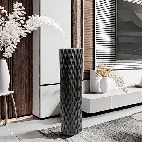 مزهرية أرضية كبيرة الحجم مقاس 30 بوصة مزهرية على شكل ماسي هندسي لفروع عشب بامباس المجففة لتزيين غرفة المعيشة ومزهرية ترتيب الزهور باللون الأسود in Kuwait