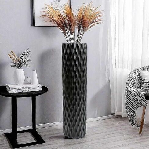 مزهرية أرضية كبيرة الحجم مقاس 30 بوصة مزهرية على شكل ماسي هندسي لفروع عشب بامباس المجففة لتزيين غرفة المعيشة ومزهرية ترتيب الزهور باللون الأسود in Kuwait