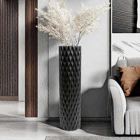 مزهرية أرضية كبيرة الحجم مقاس 30 بوصة مزهرية على شكل ماسي هندسي لفروع عشب بامباس المجففة لتزيين غرفة المعيشة ومزهرية ترتيب الزهور باللون الأسود in Kuwait