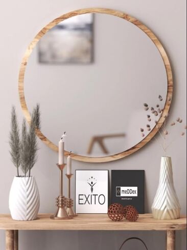 Antique Pine Decorative Round Entrance Hall Hallway Wall Living Room Kitchen Bathroom WC Office Mirror (Light Walnut, 59x59)…, ayna-001 in Saudi Arabia
