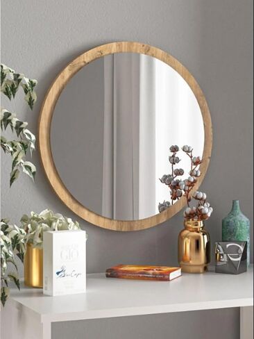 Antique Pine Decorative Round Entrance Hall Hallway Wall Living Room Kitchen Bathroom WC Office Mirror (Light Walnut, 59x59)…, ayna-001 in Saudi Arabia