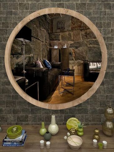 Antique Pine Decorative Round Entrance Hall Hallway Wall Living Room Kitchen Bathroom WC Office Mirror (Light Walnut, 59x59)…, ayna-001 in Saudi Arabia