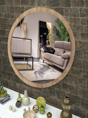 Antique Pine Decorative Round Entrance Hall Hallway Wall Living Room Kitchen Bathroom WC Office Mirror (Light Walnut, 59x59)…, ayna-001 in Saudi Arabia