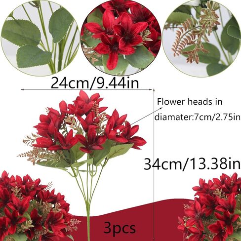 3 Pcs Artificial Flowers Red Fall Floral Forsythia Stems Silk Artificial Christmas Flowers for Floral Arrangements Harvest Festival Thanksgiving Christmas Vase Party Table Centerpieces Decor in Saudi Arabia