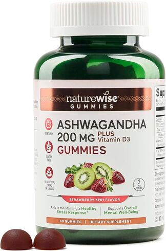 علكة NatureWise Ashwagandha - فراولة الكيوي - KSM-66 أشواغاندا مع فيتامين D3 - دعم المزاج المهدئ - نباتي - غير معدّل وراثيًا، خالي من الجيلاتين والغلوتين - عدد 180 [كمية لمدة 3 أشهر] in Kuwait